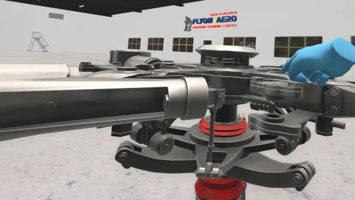 VR aircraft rotor head maintenance training inside FlyOn Aero EASA-147 hangar environment