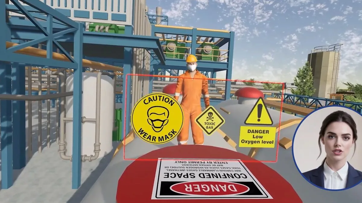 Guided confined space entry VR safety training with hazard signage and AI instructor