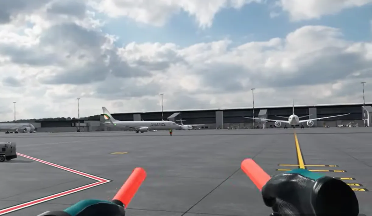 First-person VR aircraft marshalling on an apron with wands