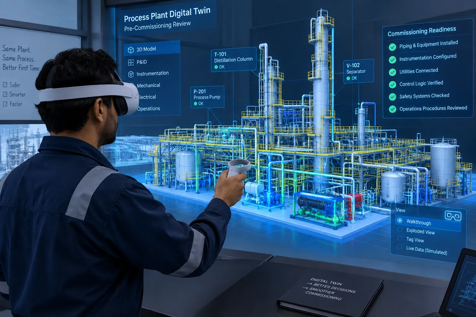 Engineer in a VR headset reviewing a process plant digital twin during a pre-commissioning readiness check