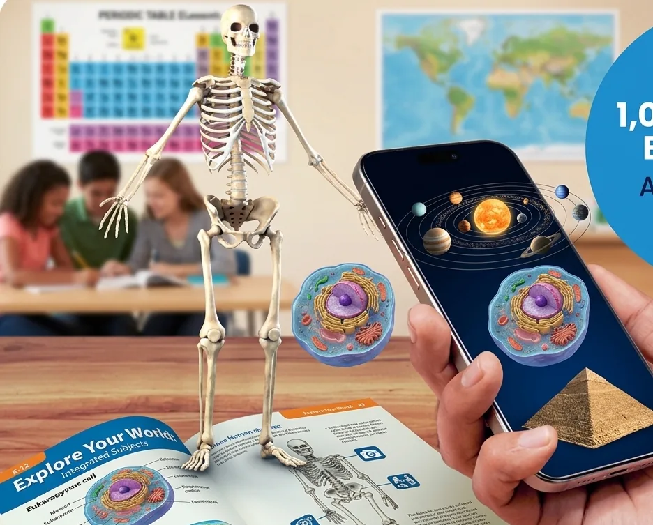 AR content library app with 3D models rising off a textbook page