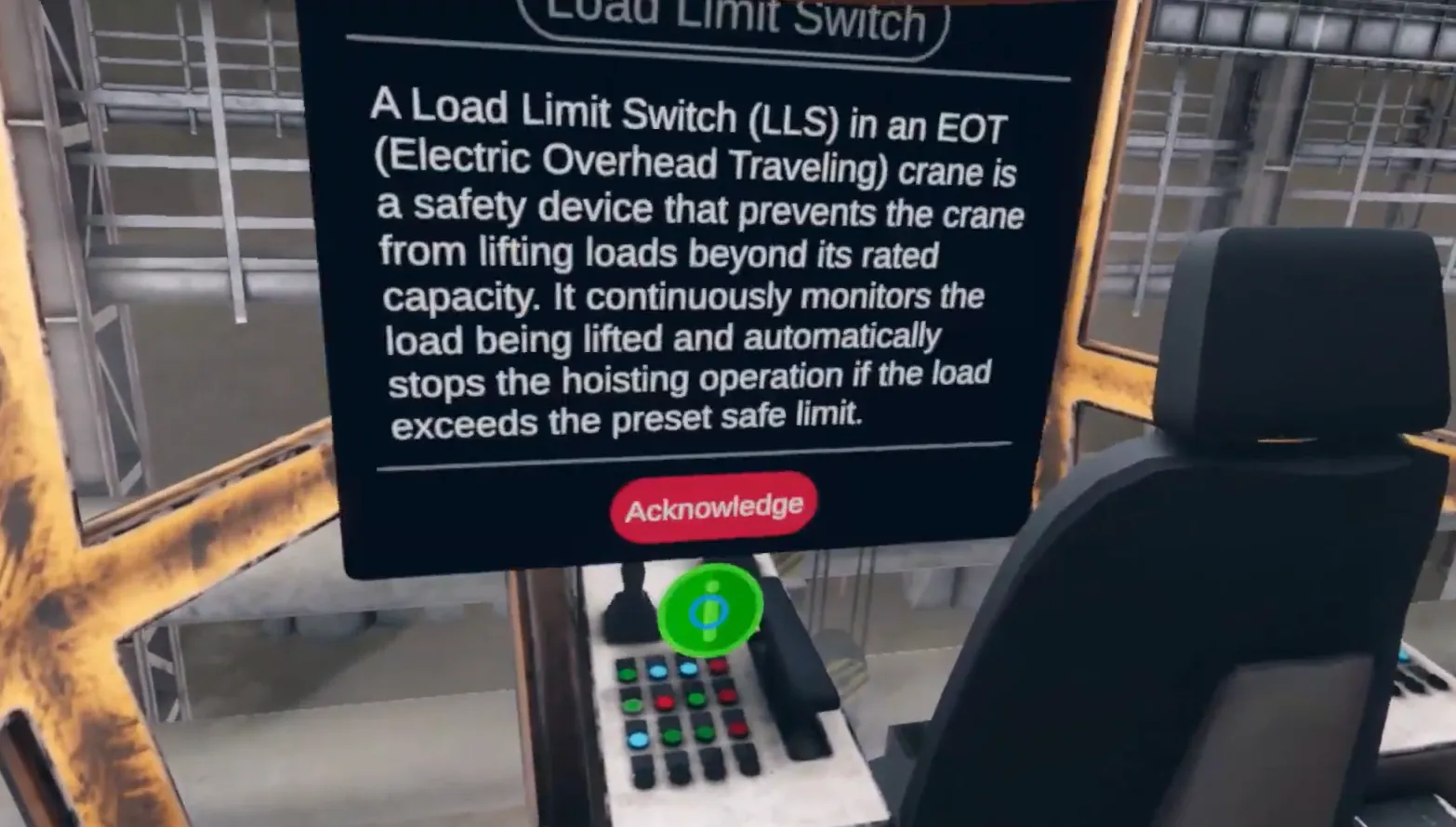 EOT crane VR module explaining the load limit switch from the operator cabin