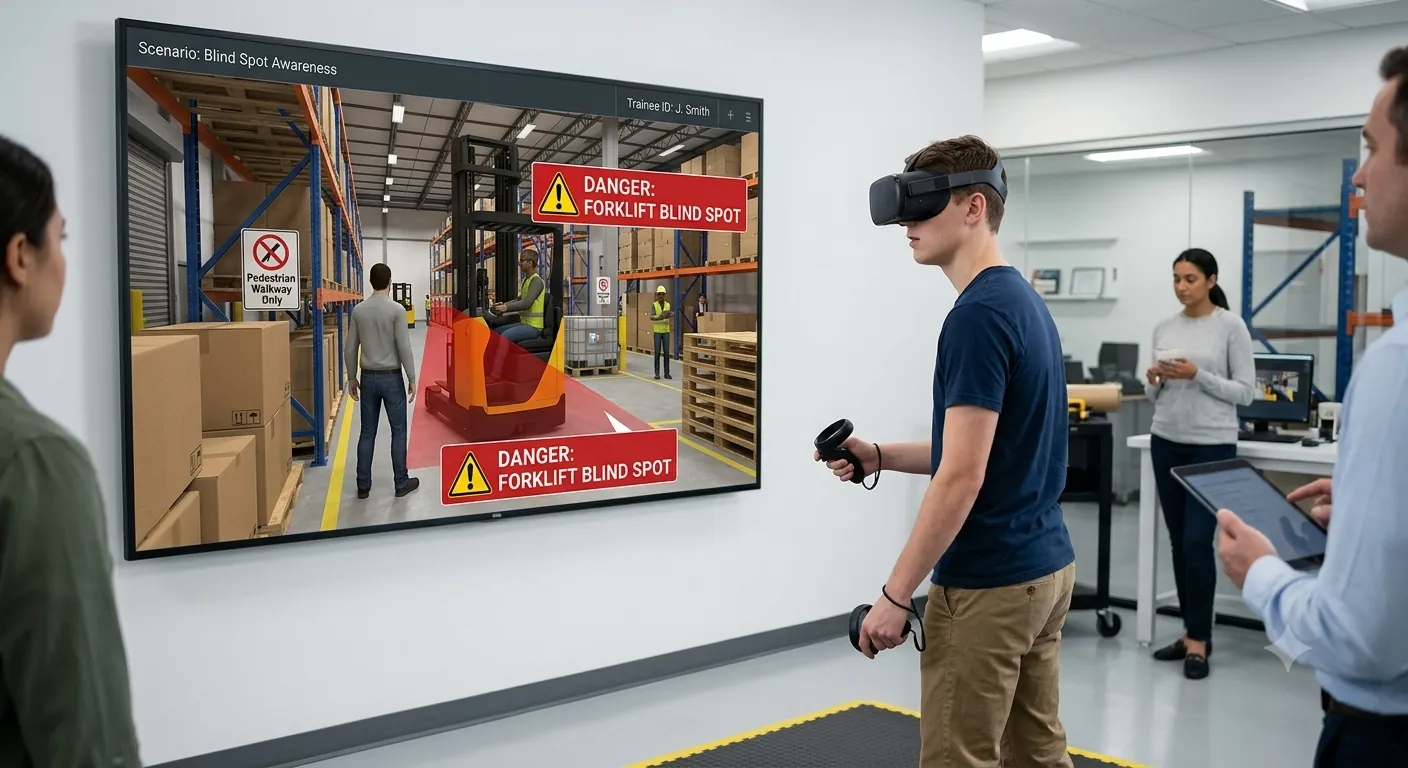 Forklift blind-spot awareness scenario on the trainer screen
