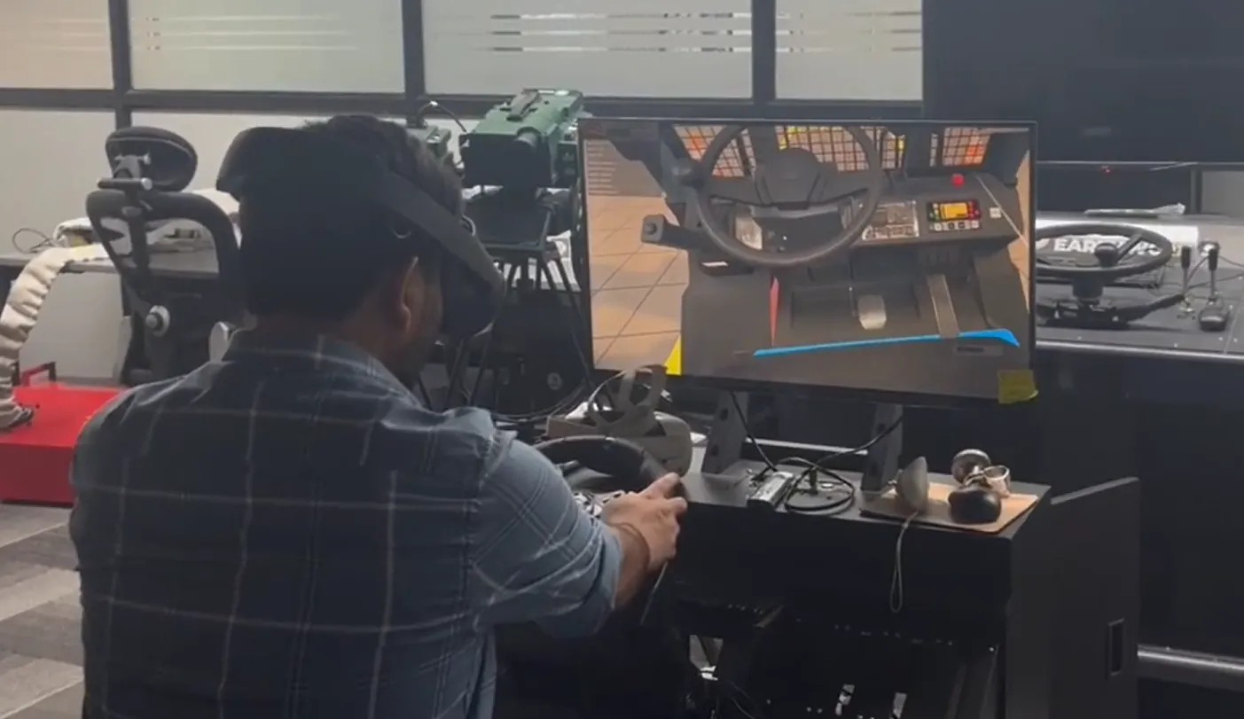 Trainee driving a forklift in VR from the operator seat