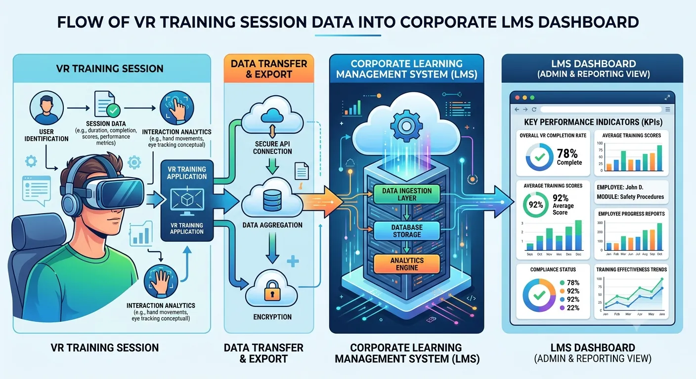 Diagram of VR training session data flowing through secure export into the corporate LMS and its admin dashboard