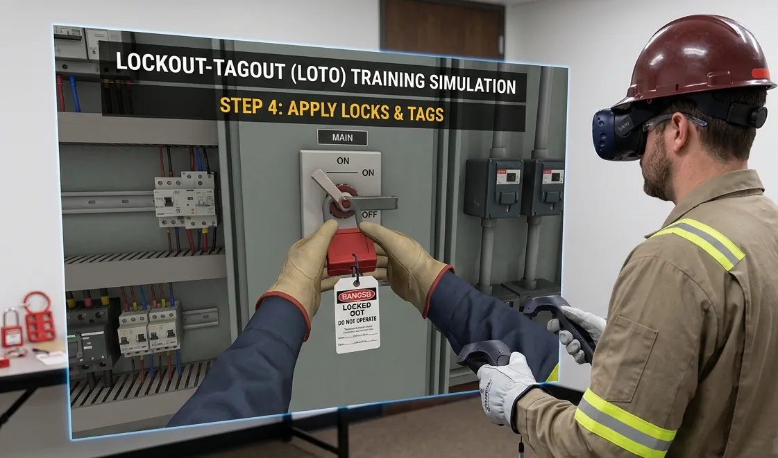 Worker applying a lock and tag in the LOTO VR module