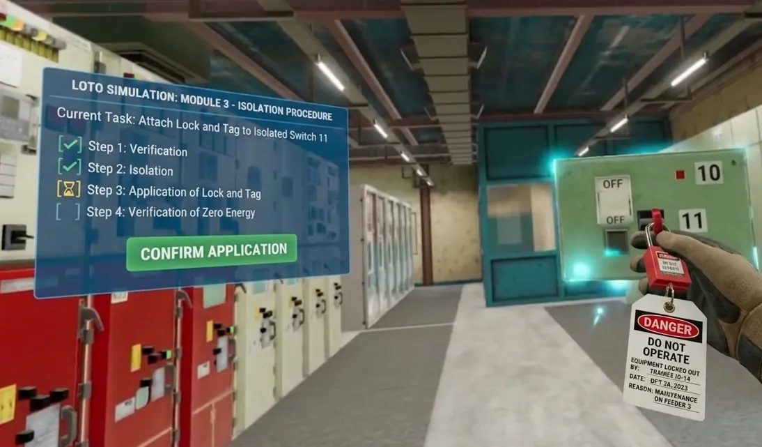VR LOTO module showing the isolation procedure checklist beside a switchgear room