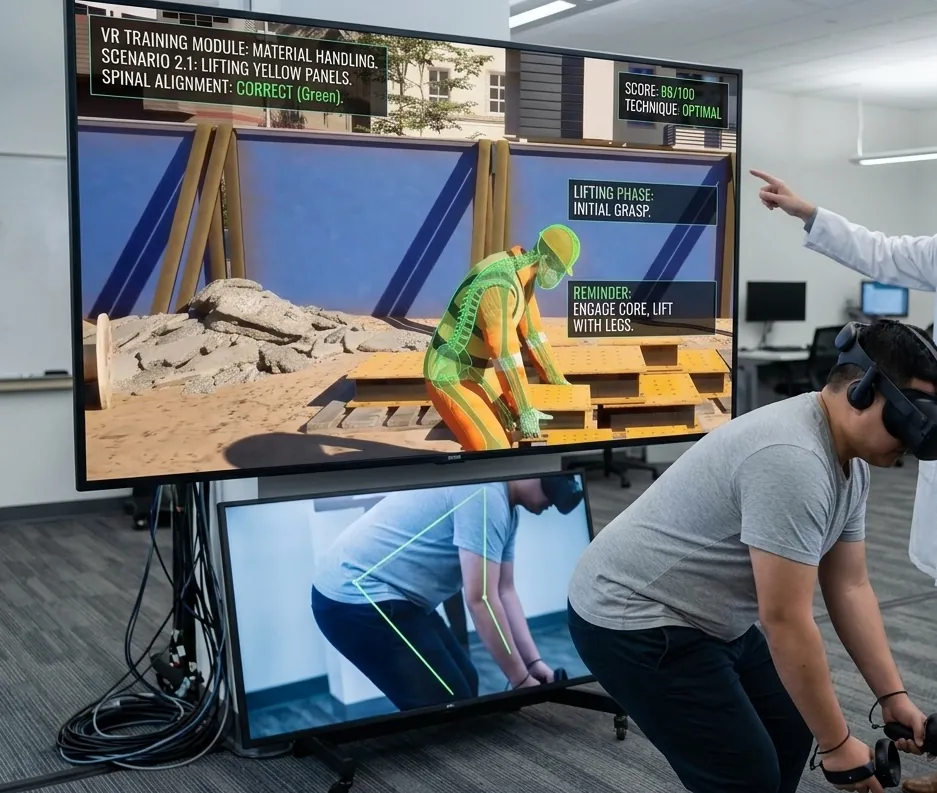 Manual material handling VR module with an instructor watching the trainee's lift