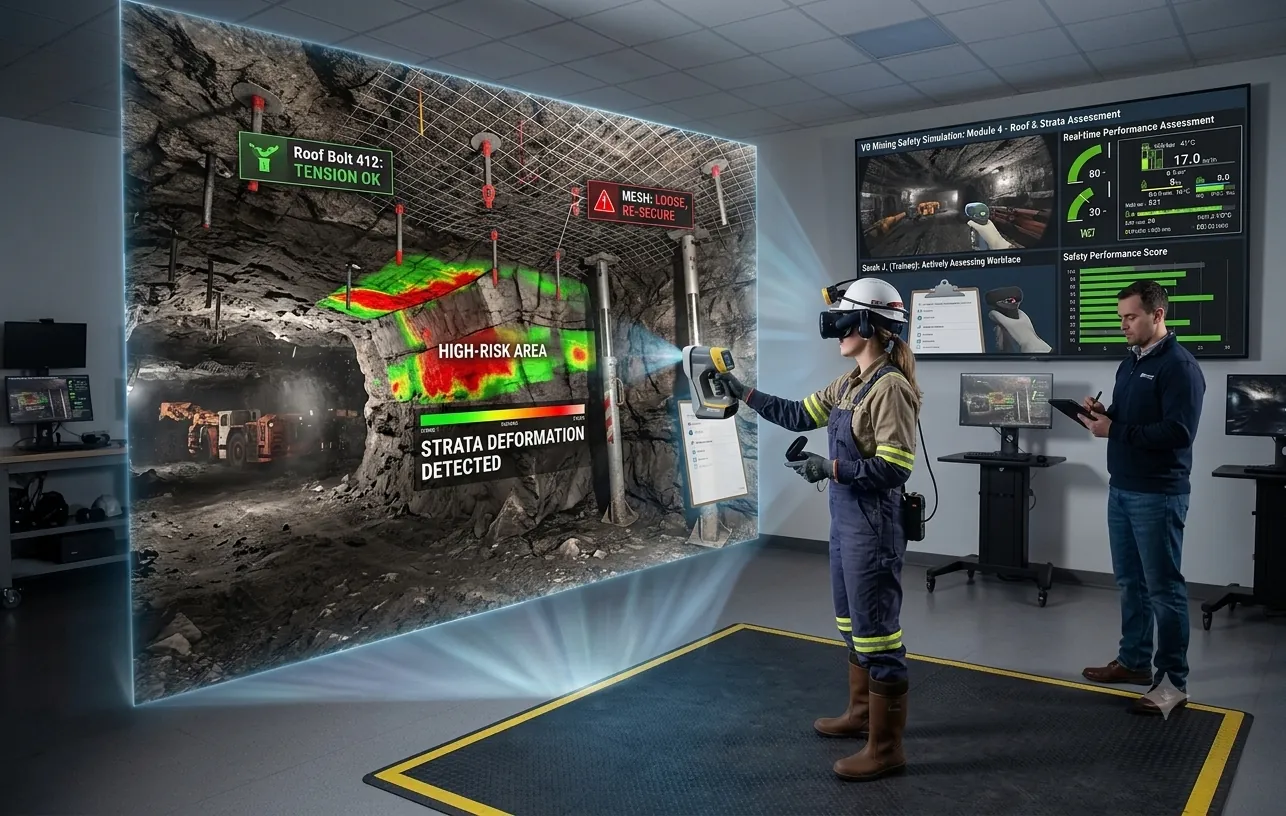 VR mining safety simulation with a trainee assessing roof and strata hazards