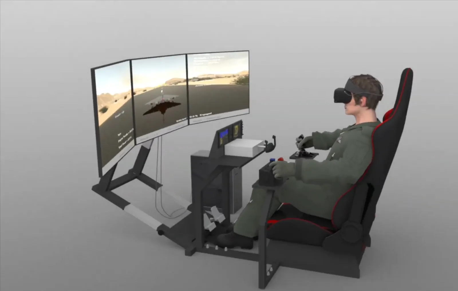 Pilot in a VR headset seated in a hardware flight simulator with triple displays and replica controls