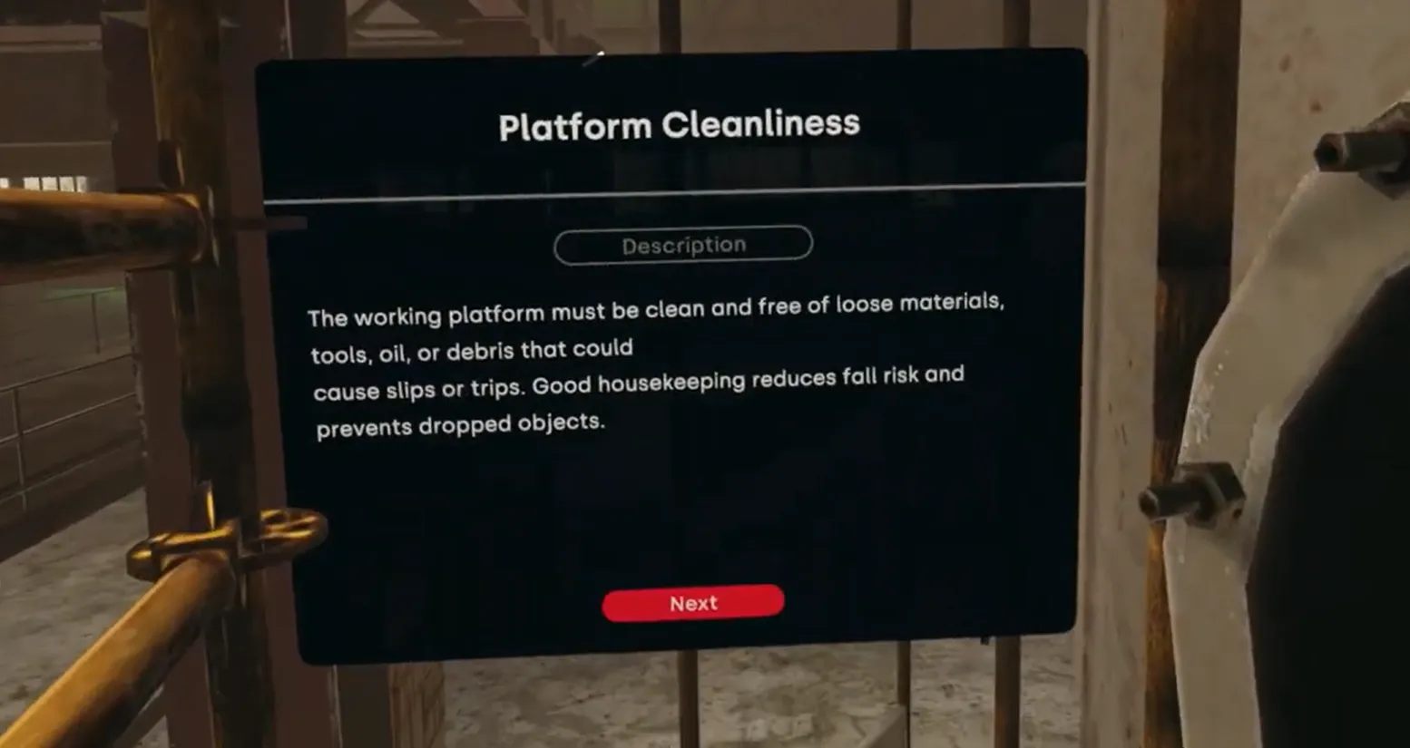 Slip, trip and fall VR module, platform cleanliness rule shown at a mezzanine access point