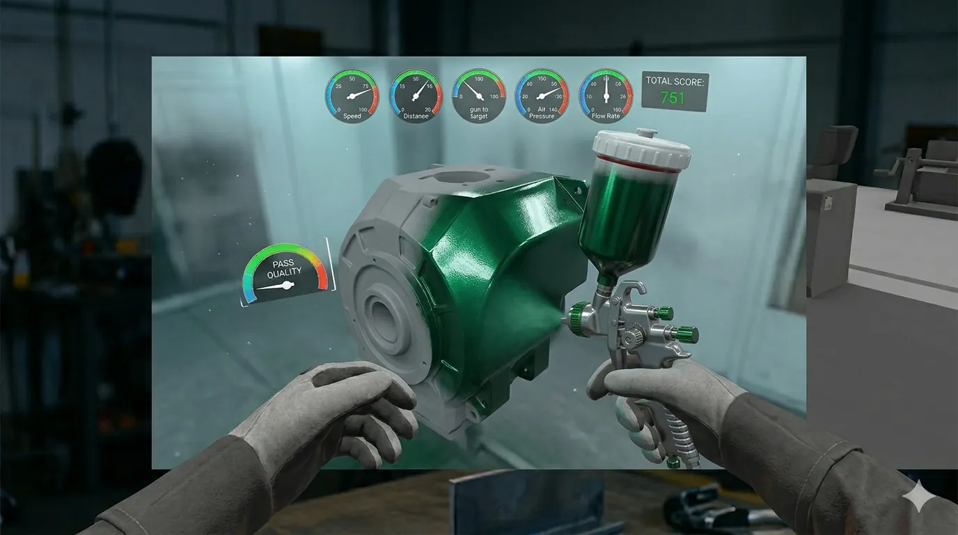 VR spray-painting practice with coverage and thickness gauges