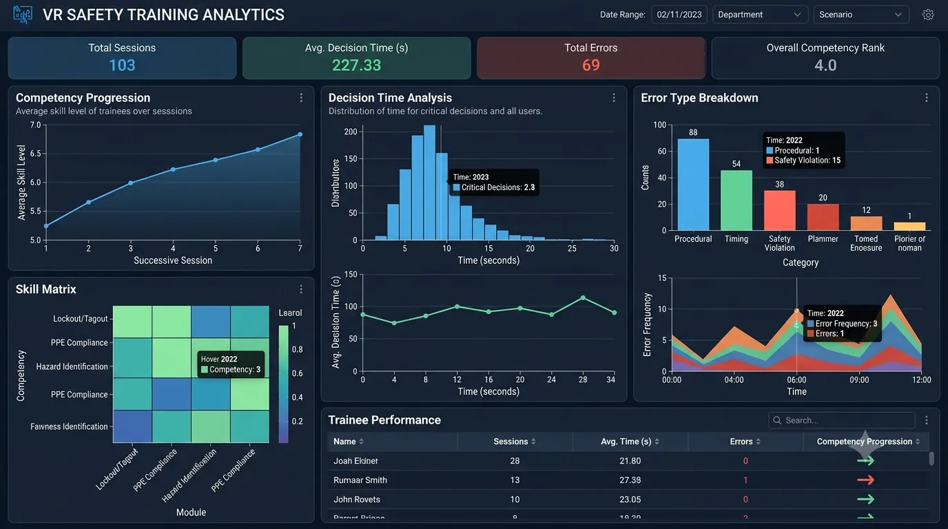 VR safety training analytics dashboard with competency progression, decision time and error breakdown