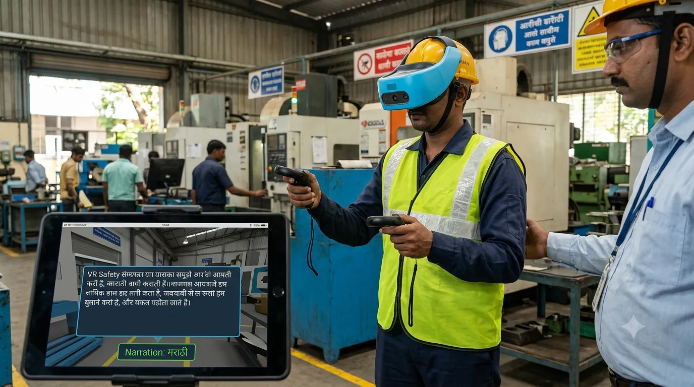 Shop-floor worker taking VR safety training with Marathi narration on the instructor tablet