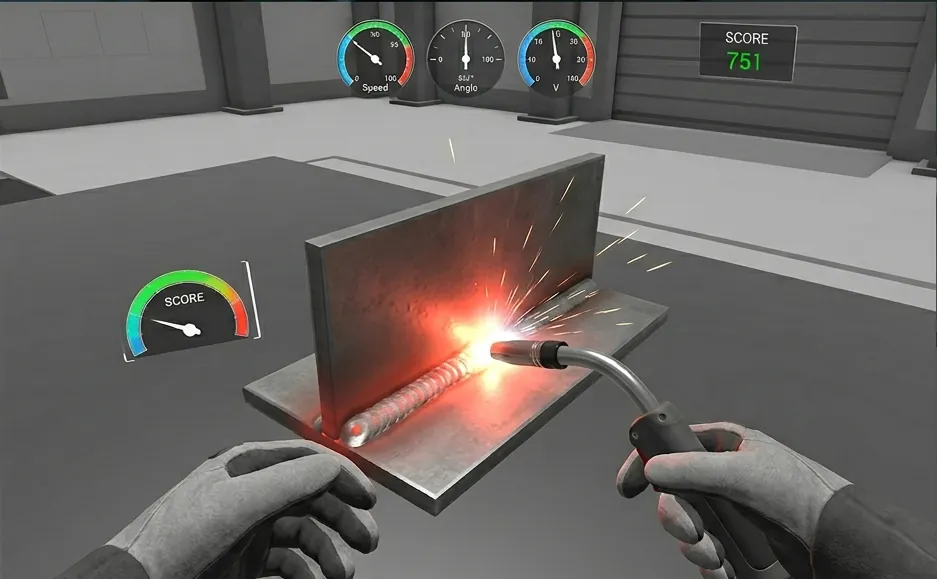 First-person VR welding practice with live gauges